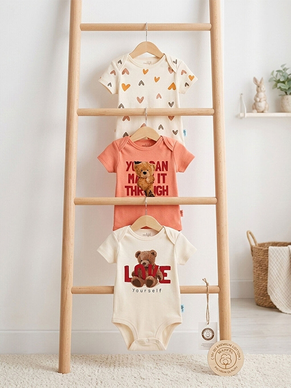 Ekru 3'Lü %100 Pamuklu Organik Baskılı Kısa Kollu Çıtçıtlı Bebek Body Zıbın 30-16-1