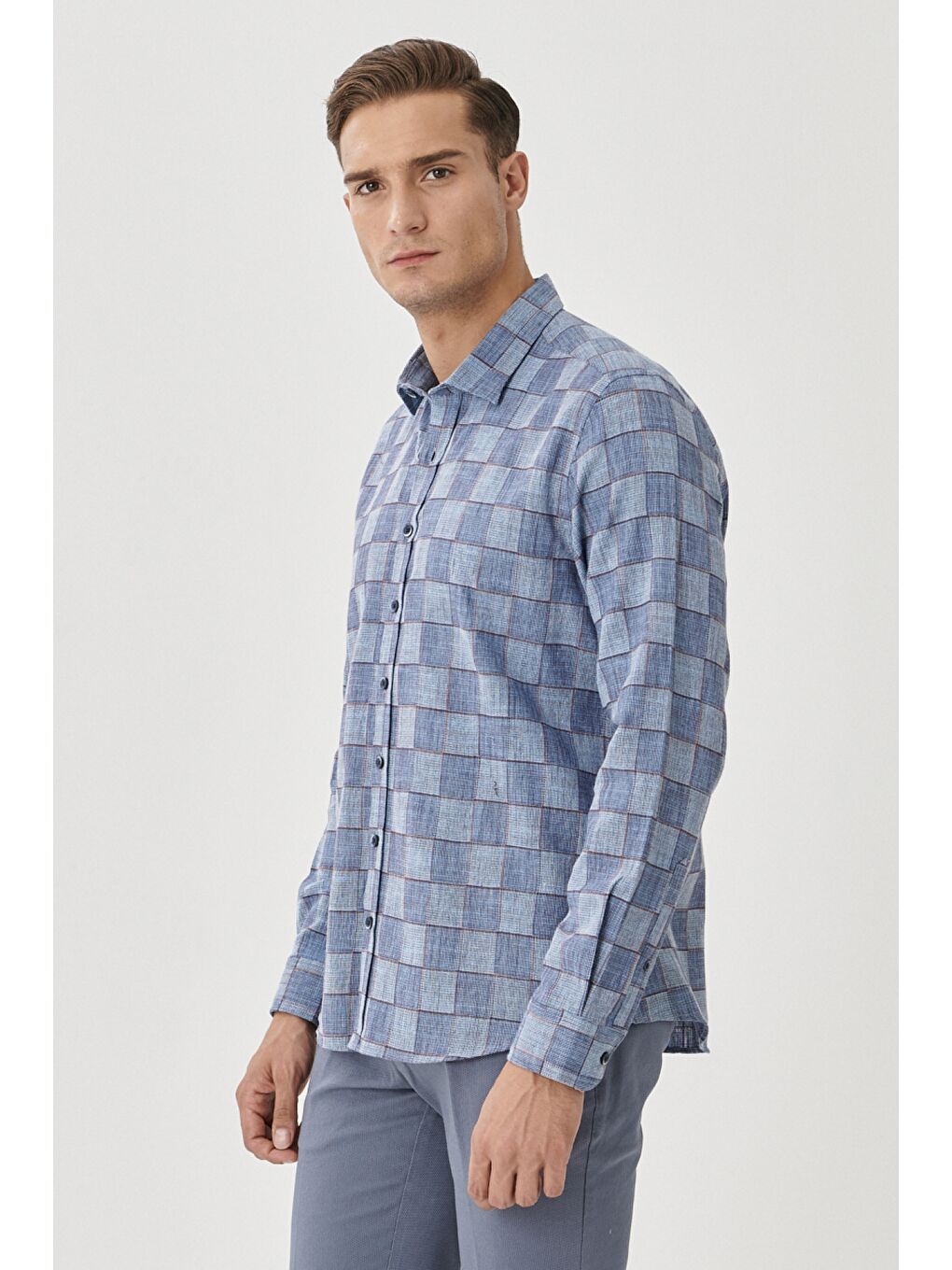 Erkek Beyaz-Lacivert Slim Fit Dar Kesim Klasik Yaka %100 Pamuk Kareli Gömlek-3