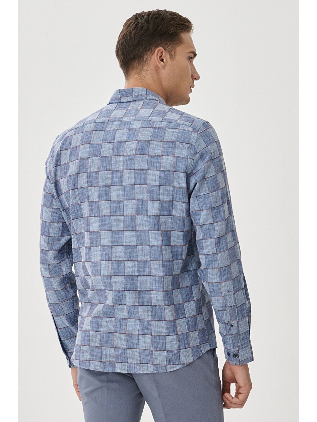 Erkek Beyaz-Lacivert Slim Fit Dar Kesim Klasik Yaka %100 Pamuk Kareli Gömlek-4