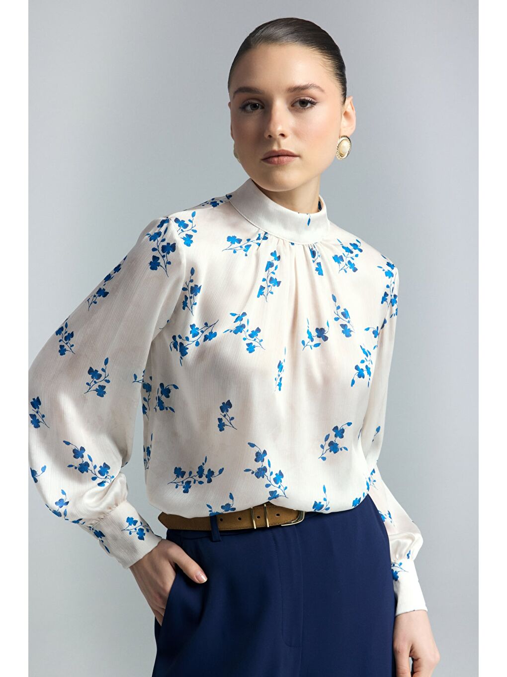 Çiçek Desenli Bluz - İndigo