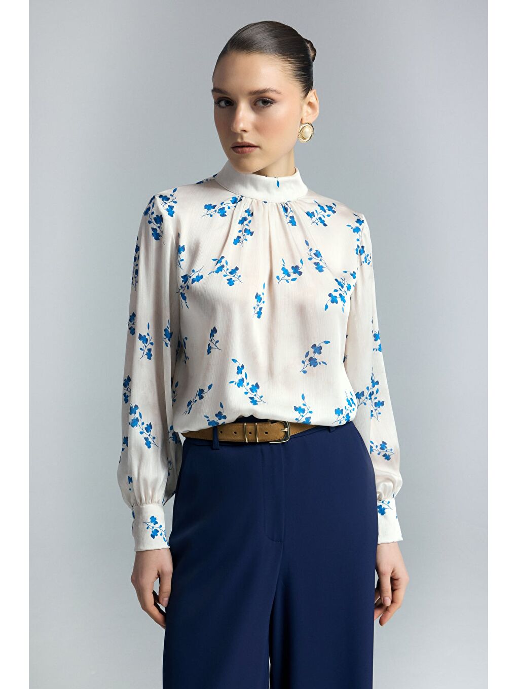 Çiçek Desenli Bluz - İndigo-2