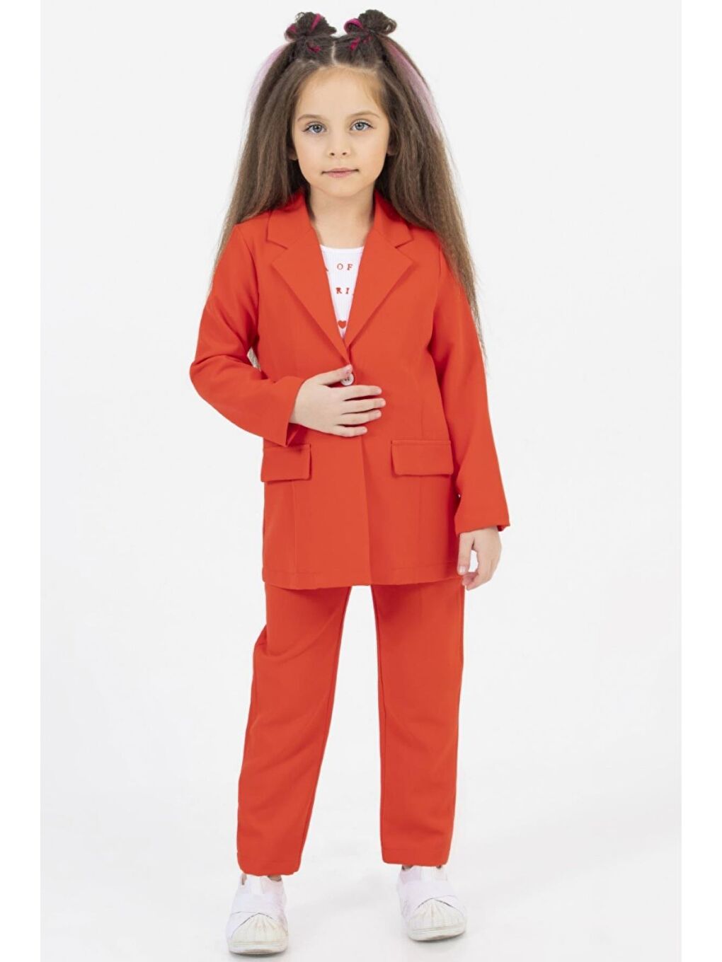 Kız Çocuk Sevimli Baskı Detaylı Fitilli Bluz Kaşkorse Blazer Ceket Turuncu Alt Üst Takım
