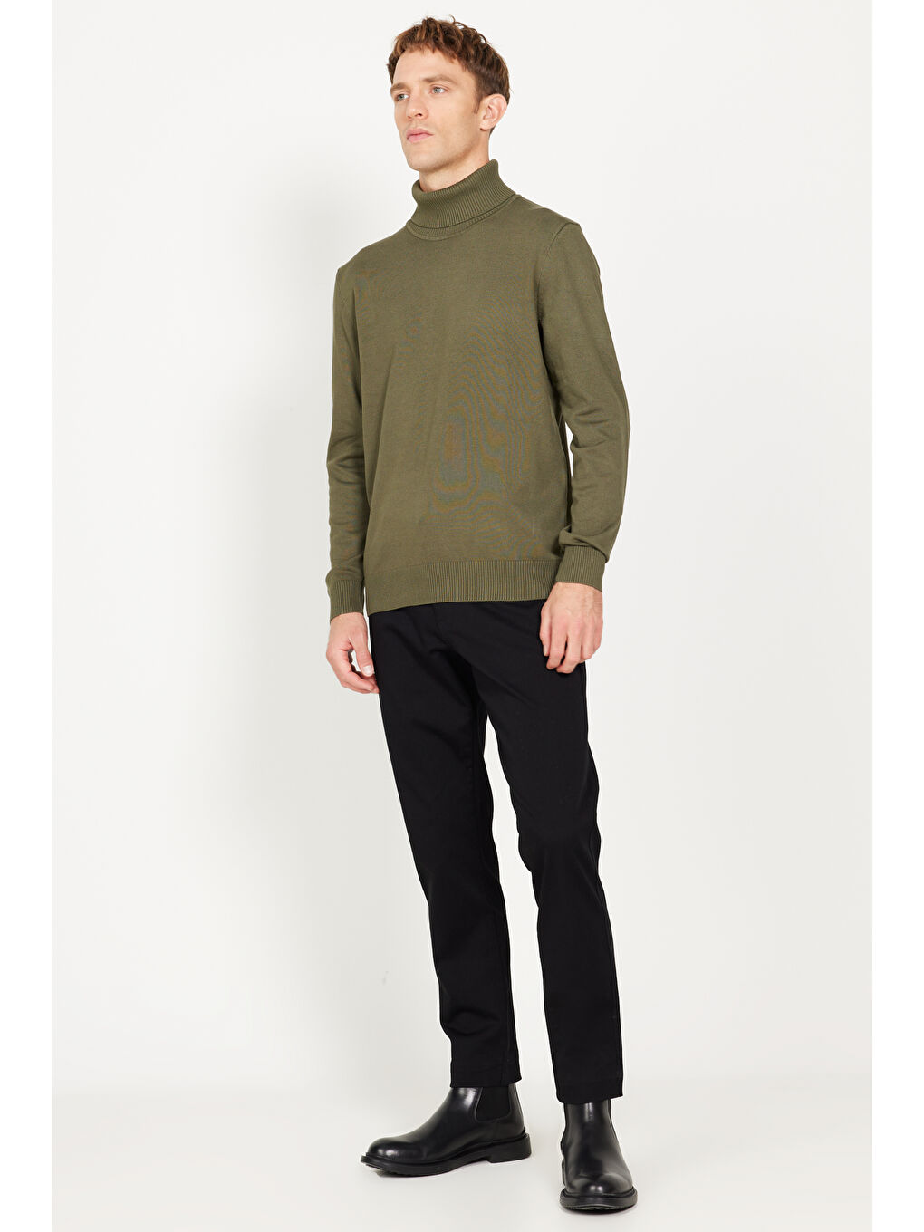 Erkek Haki Standart Fit Normal Kesim Tam Balıkçı Yaka Triko Kazak-1