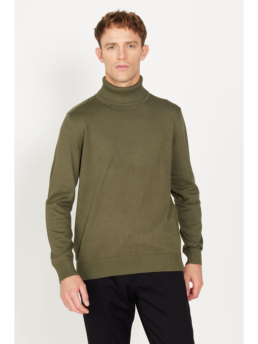 Erkek Haki Standart Fit Normal Kesim Tam Balıkçı Yaka Triko Kazak-2