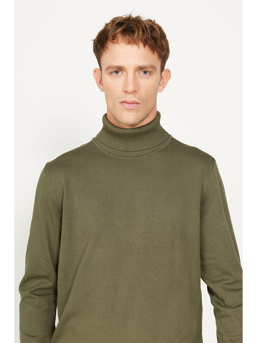 Erkek Haki Standart Fit Normal Kesim Tam Balıkçı Yaka Triko Kazak-3