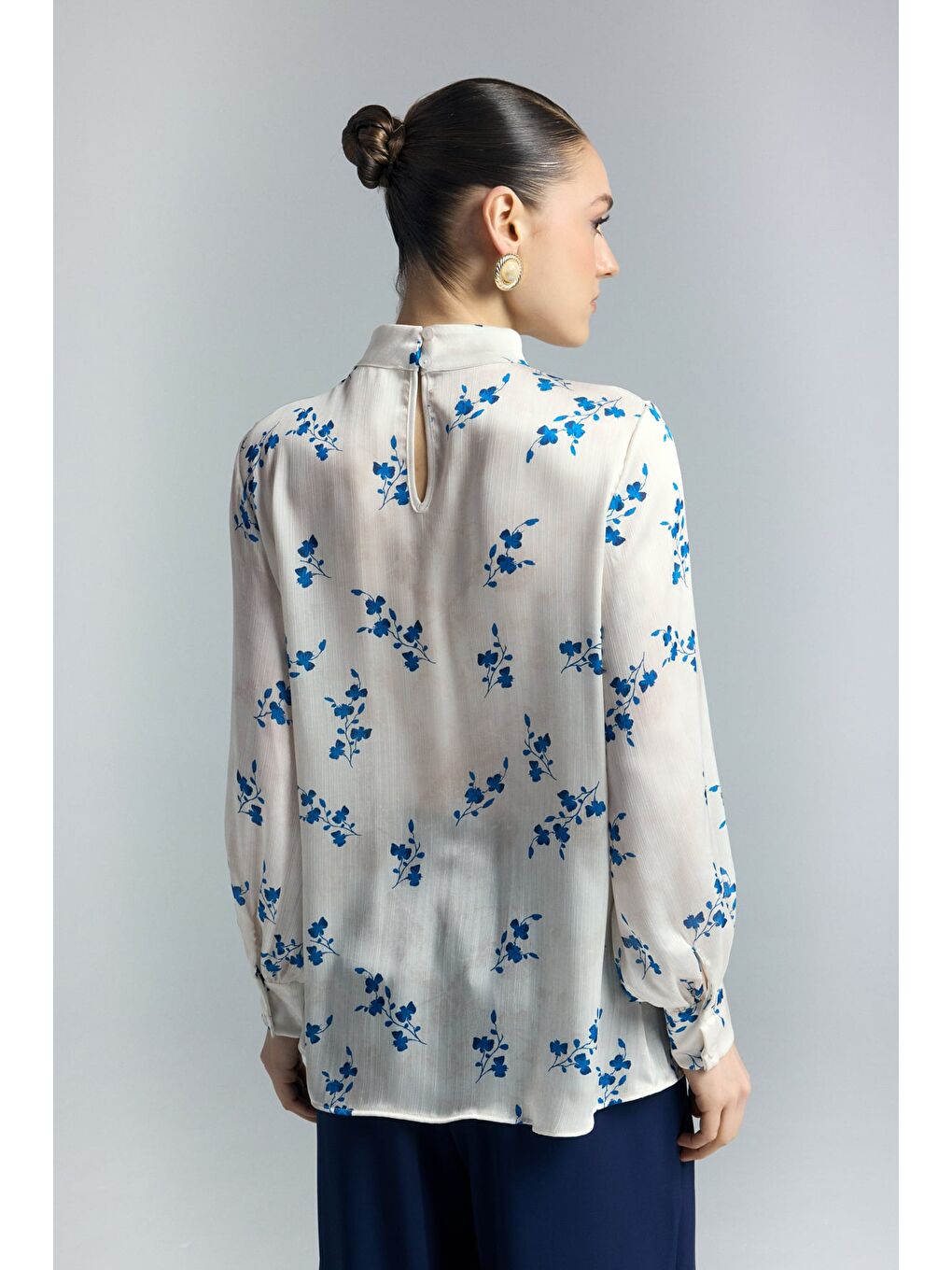 Çiçek Desenli Bluz - İndigo-7