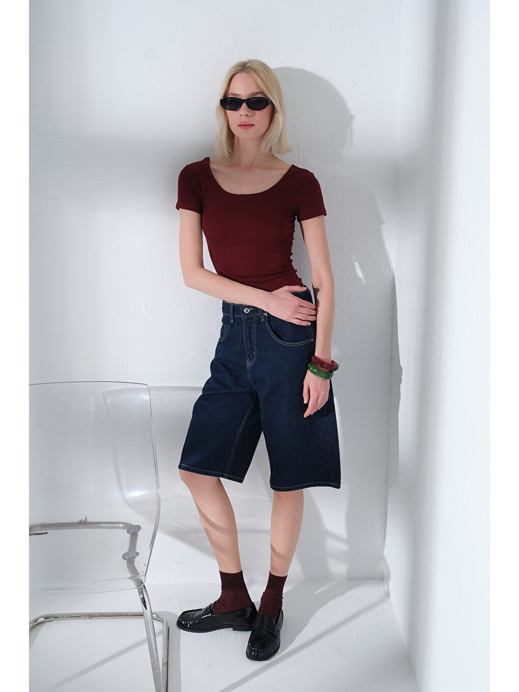 Bordo Çift Taraflı U Yaka Soft Touch Premium Örme Kısa Kollu Kadın Bluz @Romagna-1