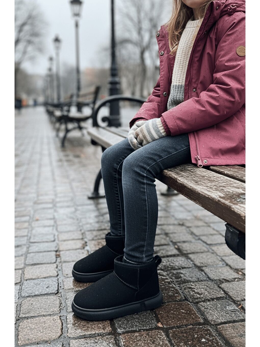 Siyah DİPPERY Çocuk Kalın Taban İçi Tüylü Günlük Mini Yarım Bot-3