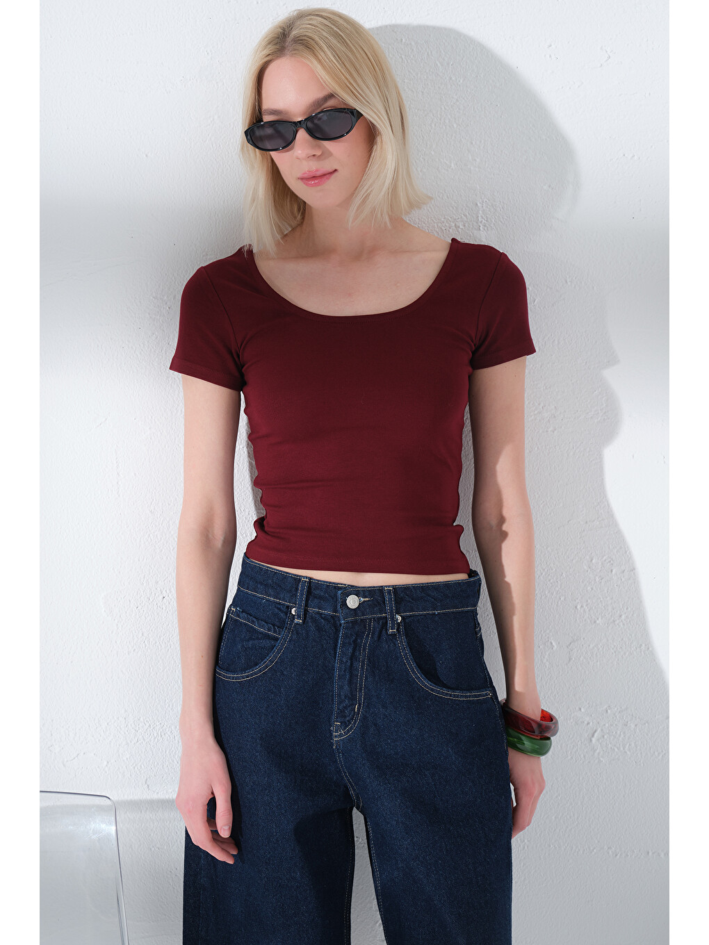 Bordo Çift Taraflı U Yaka Soft Touch Premium Örme Kısa Kollu Kadın Bluz @Romagna-2