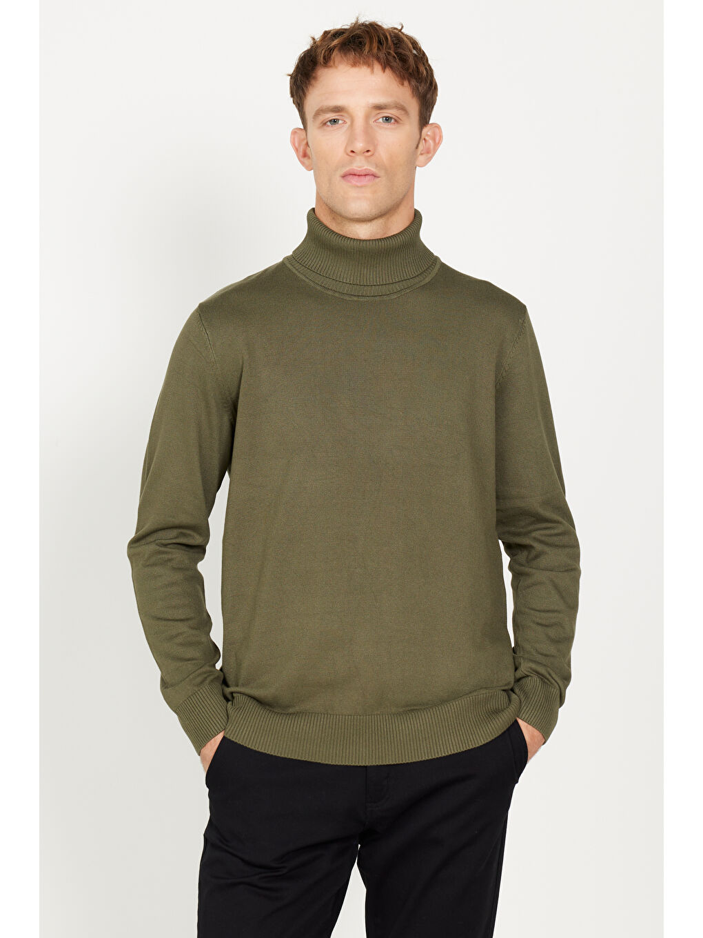 Erkek Haki Standart Fit Normal Kesim Tam Balıkçı Yaka Triko Kazak-4