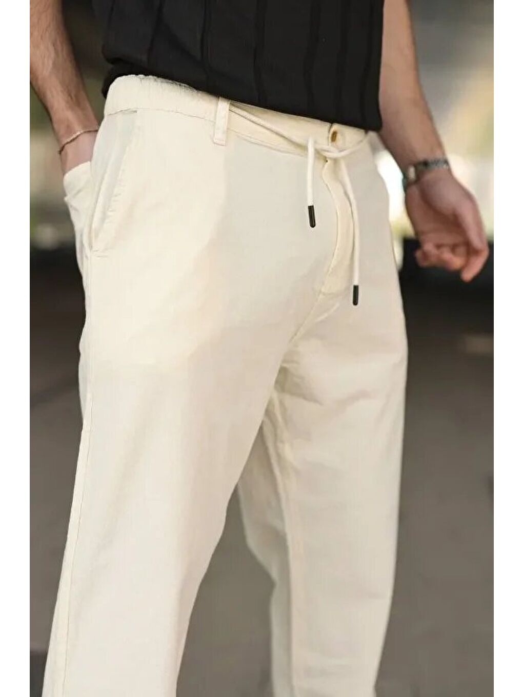 Ekru Erkek Keten Cepli Pantolon Lastikli Bel Bağcıklı Önden Fermuarlı - Krem