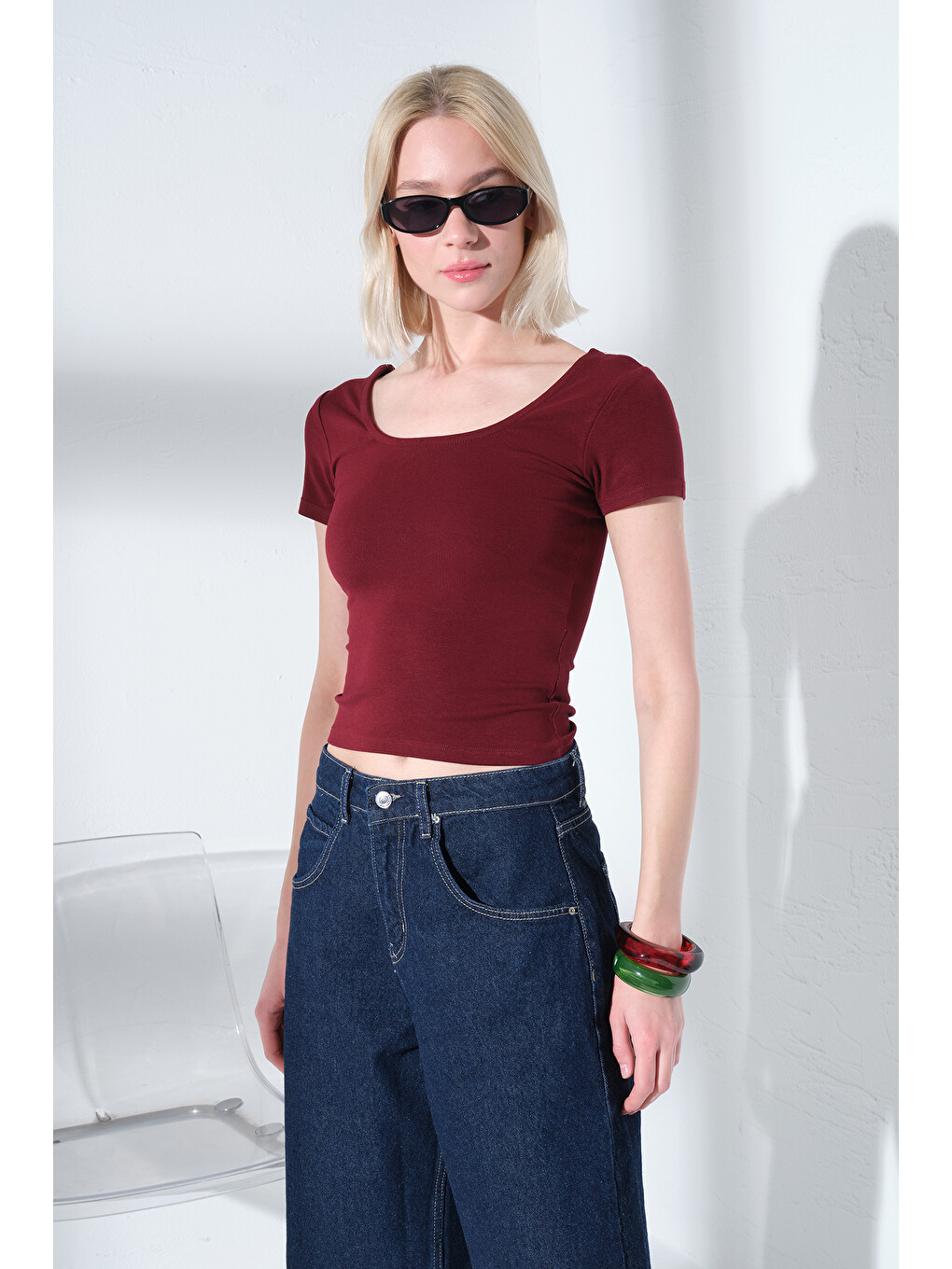 Bordo Çift Taraflı U Yaka Soft Touch Premium Örme Kısa Kollu Kadın Bluz @Romagna-3