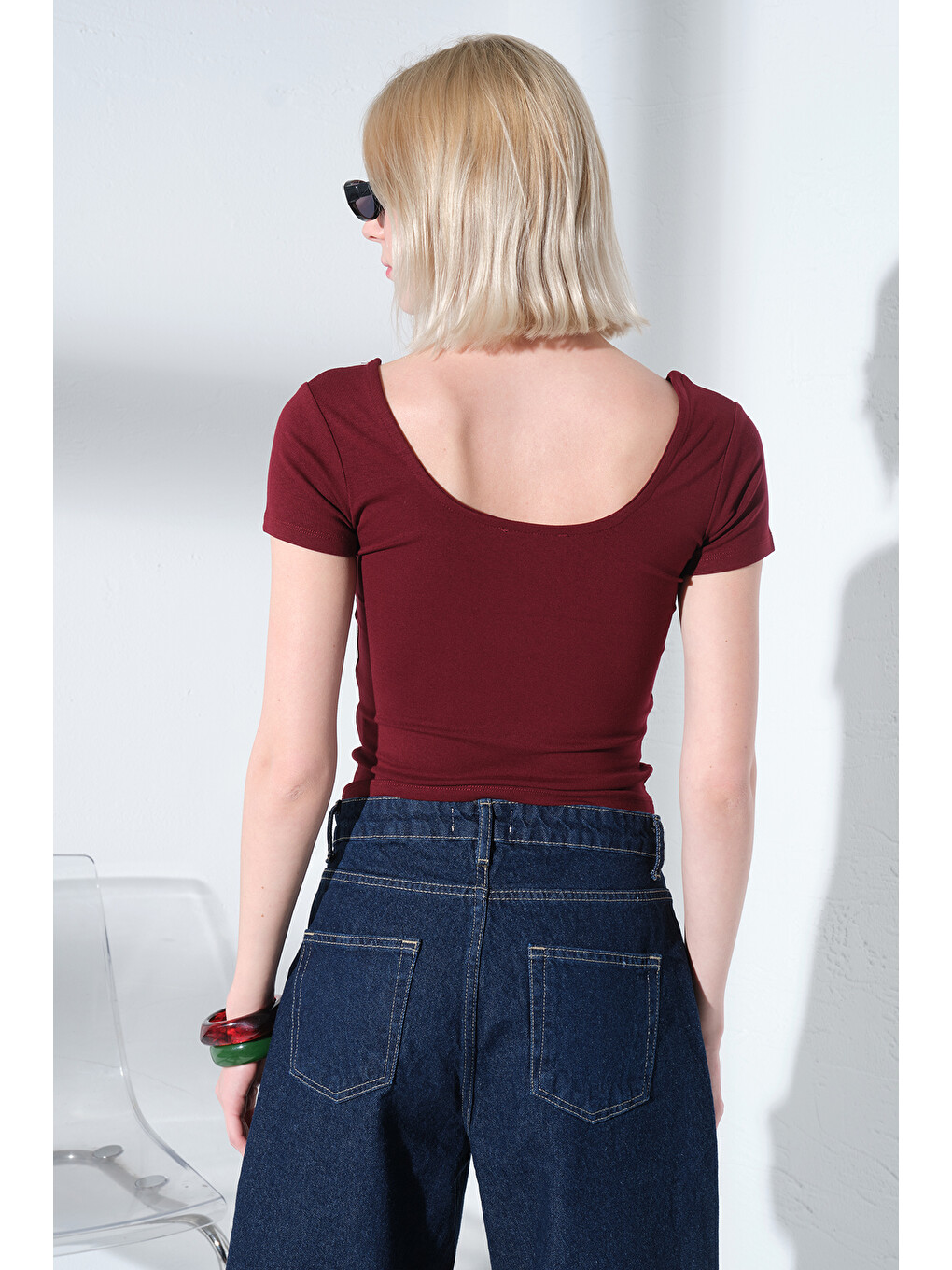 Bordo Çift Taraflı U Yaka Soft Touch Premium Örme Kısa Kollu Kadın Bluz @Romagna-4