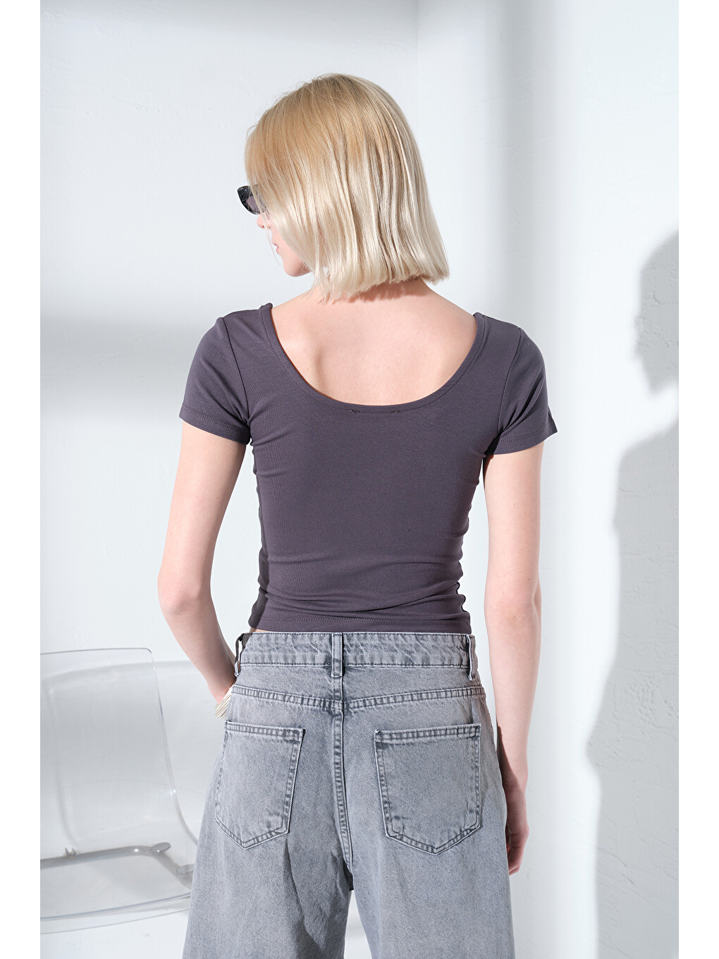 Gri Çift Taraflı U Yaka Soft Touch Premium Örme Kısa Kollu Kadın Bluz @Romagna-4
