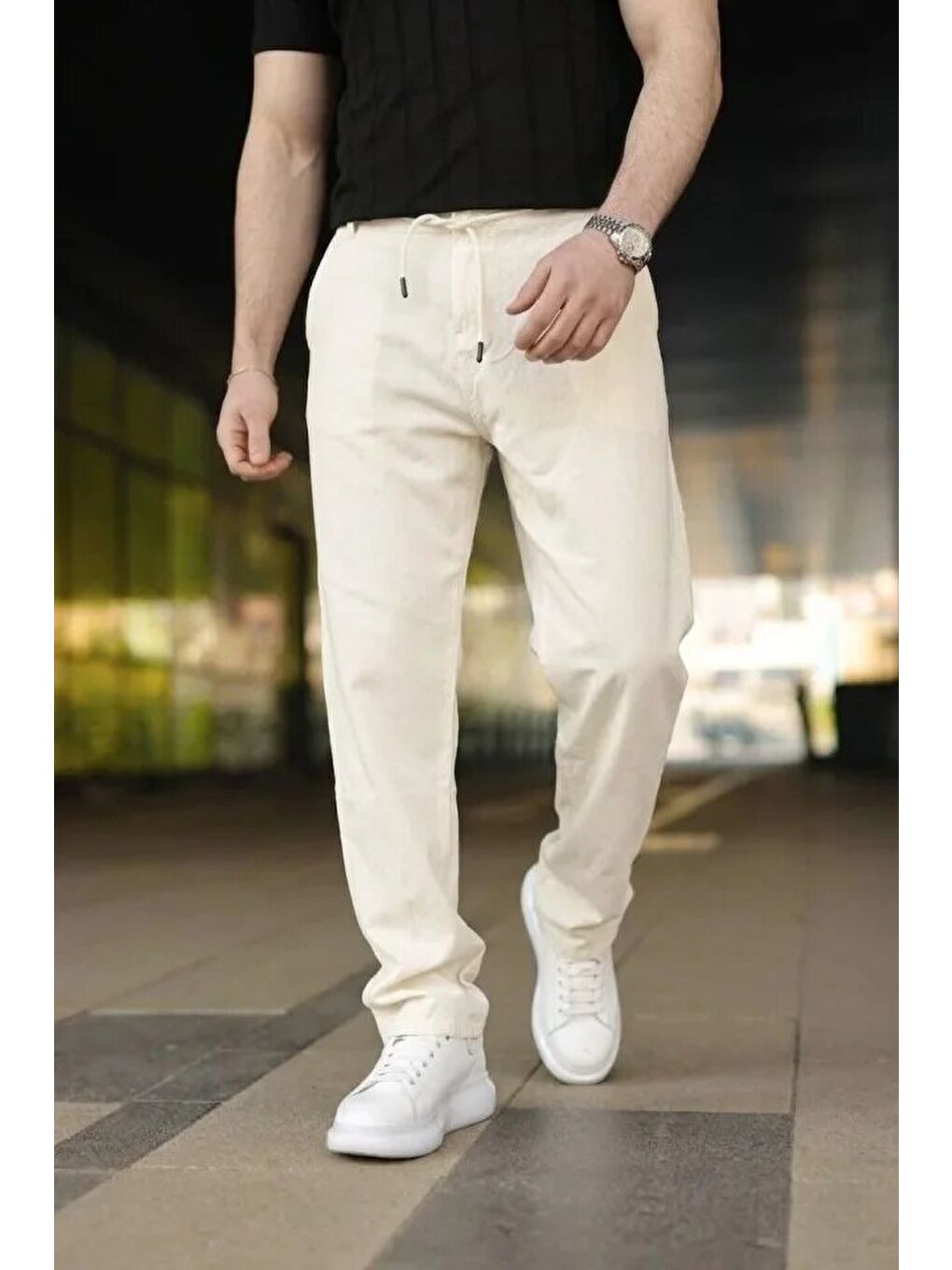 Ekru Erkek Keten Cepli Pantolon Lastikli Bel Bağcıklı Önden Fermuarlı - Krem-1