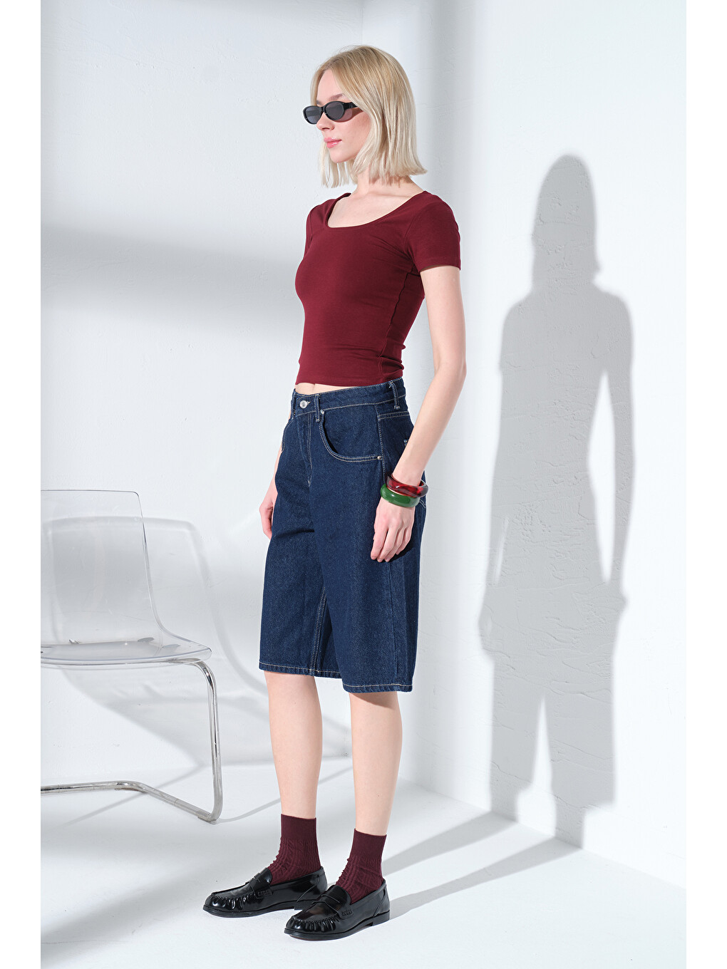 Bordo Çift Taraflı U Yaka Soft Touch Premium Örme Kısa Kollu Kadın Bluz @Romagna-6