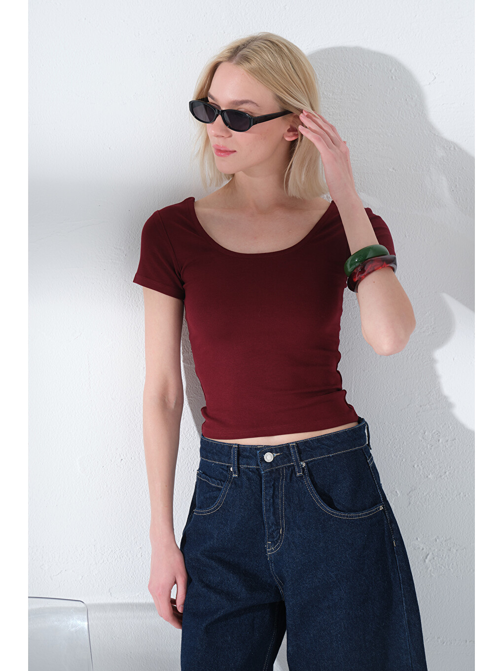 Bordo Çift Taraflı U Yaka Soft Touch Premium Örme Kısa Kollu Kadın Bluz @Romagna-7