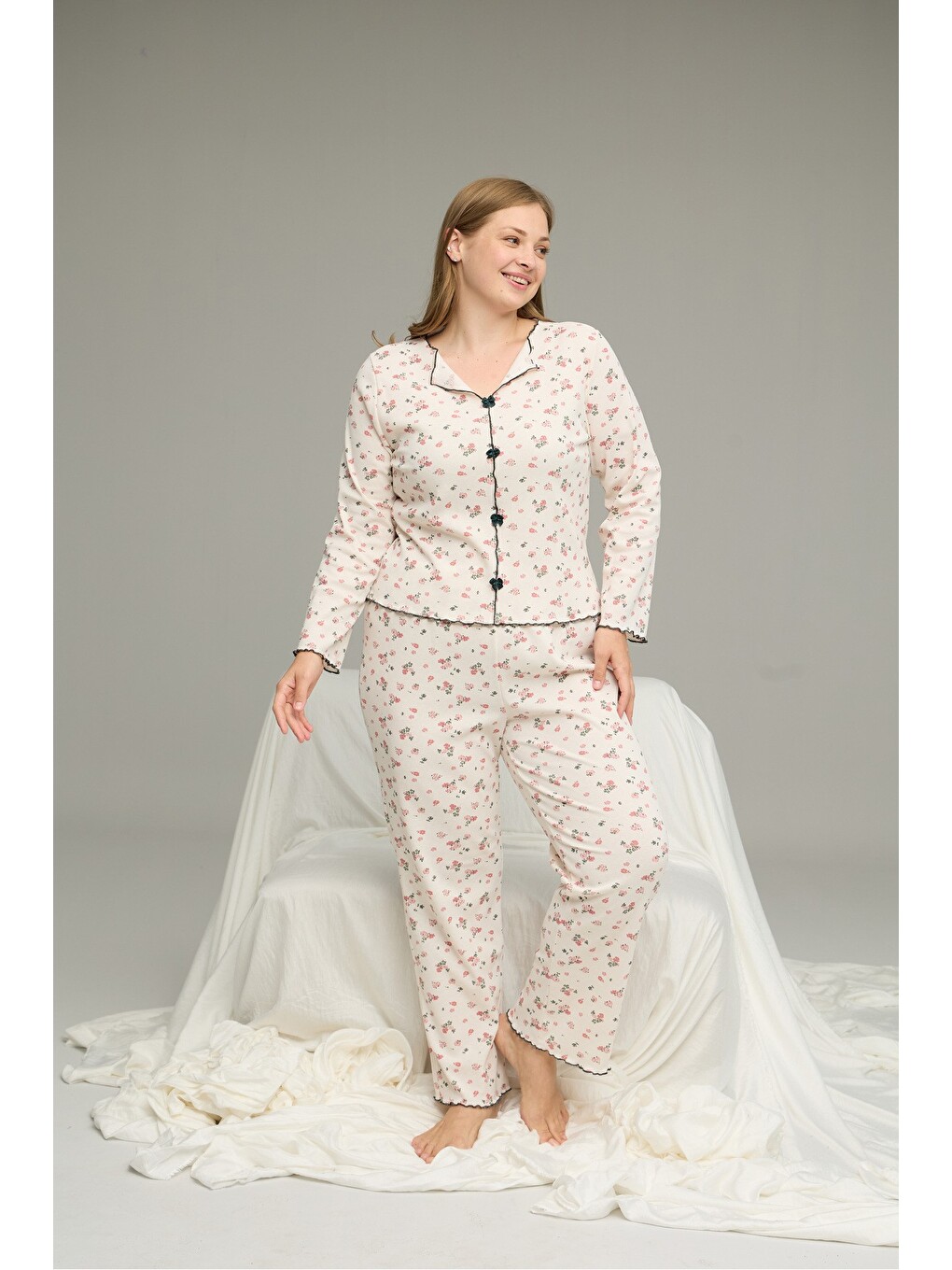 Ekru Beden Battal Pamuklu Fiyonklu Fitilli Örme Pijama Takım25228001-2-1