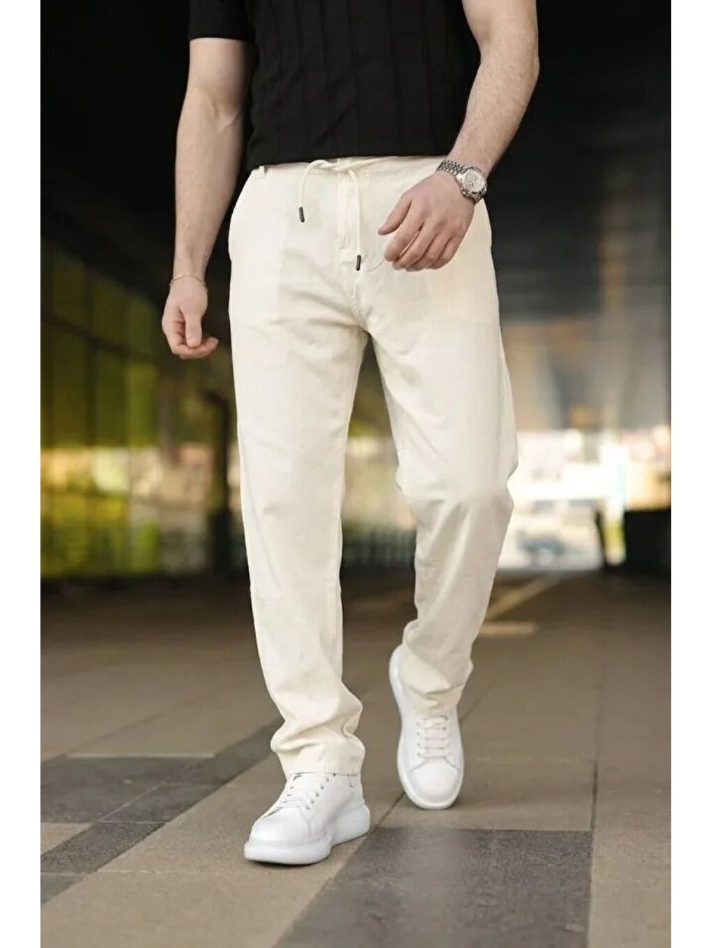 Ekru Erkek Keten Cepli Pantolon Lastikli Bel Bağcıklı Önden Fermuarlı - Krem-2