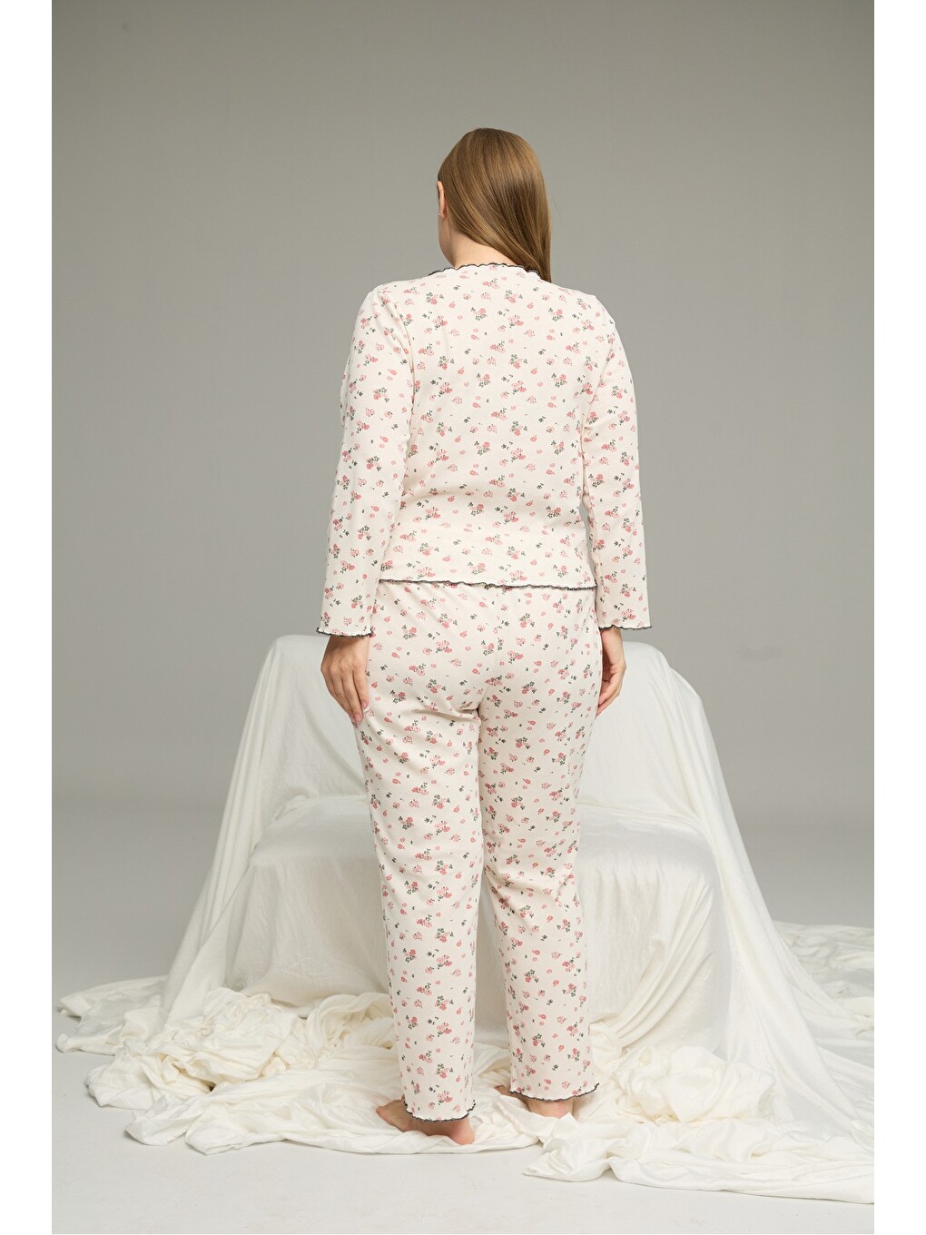 Ekru Beden Battal Pamuklu Fiyonklu Fitilli Örme Pijama Takım25228001-2-2