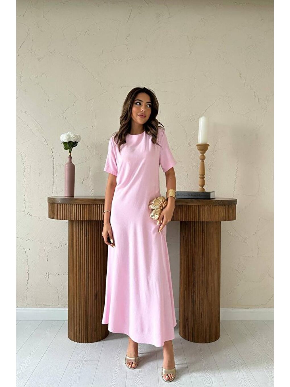 Pembe Pudra Pileli Bisiklet Yaka Elbise