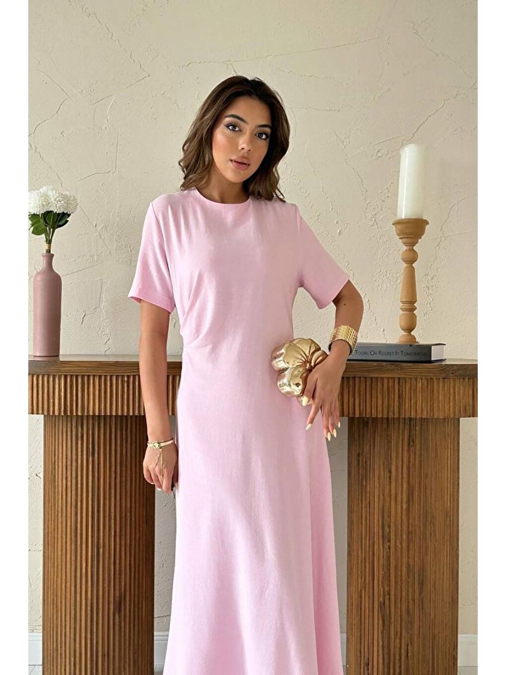 Pembe Pudra Pileli Bisiklet Yaka Elbise-1