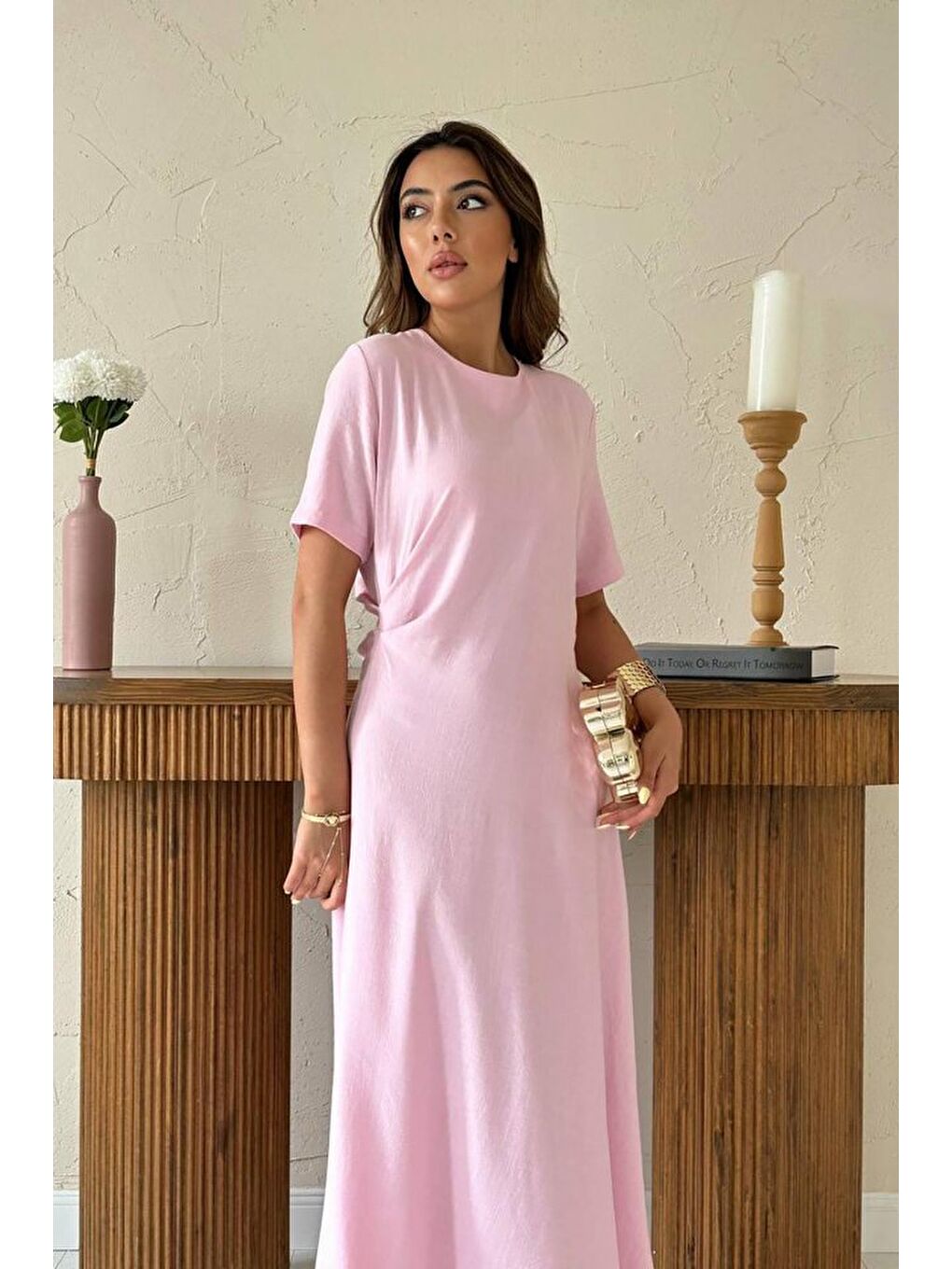 Pembe Pudra Pileli Bisiklet Yaka Elbise-2