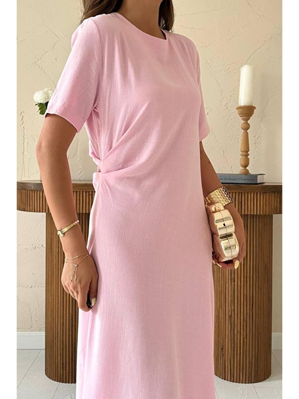 Pembe Pudra Pileli Bisiklet Yaka Elbise-3