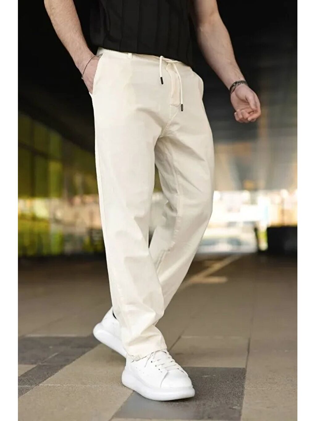 Ekru Erkek Keten Cepli Pantolon Lastikli Bel Bağcıklı Önden Fermuarlı - Krem-3