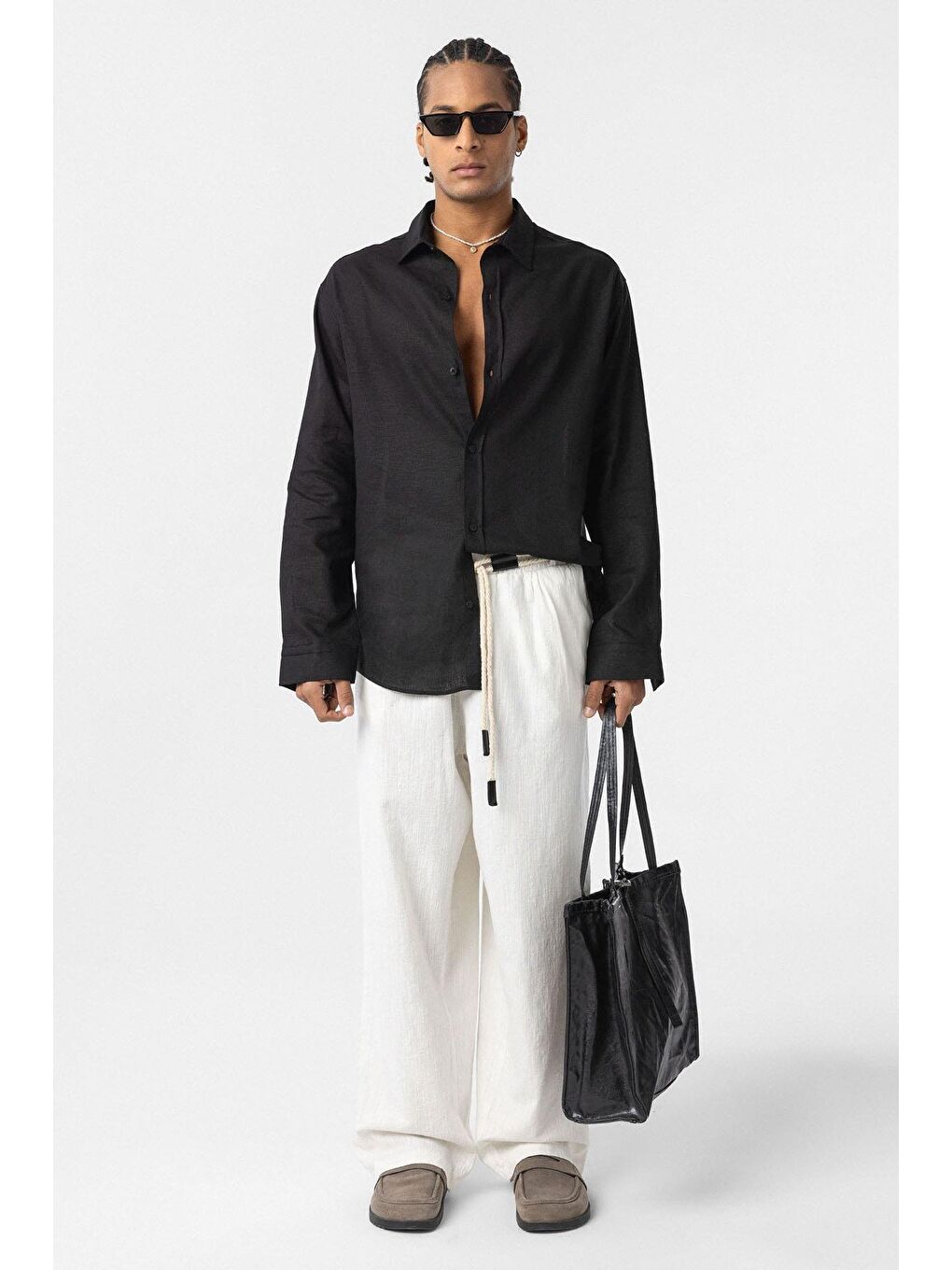 Kemer Detaylı Oversize Keten Erkek Pantolon Ekru