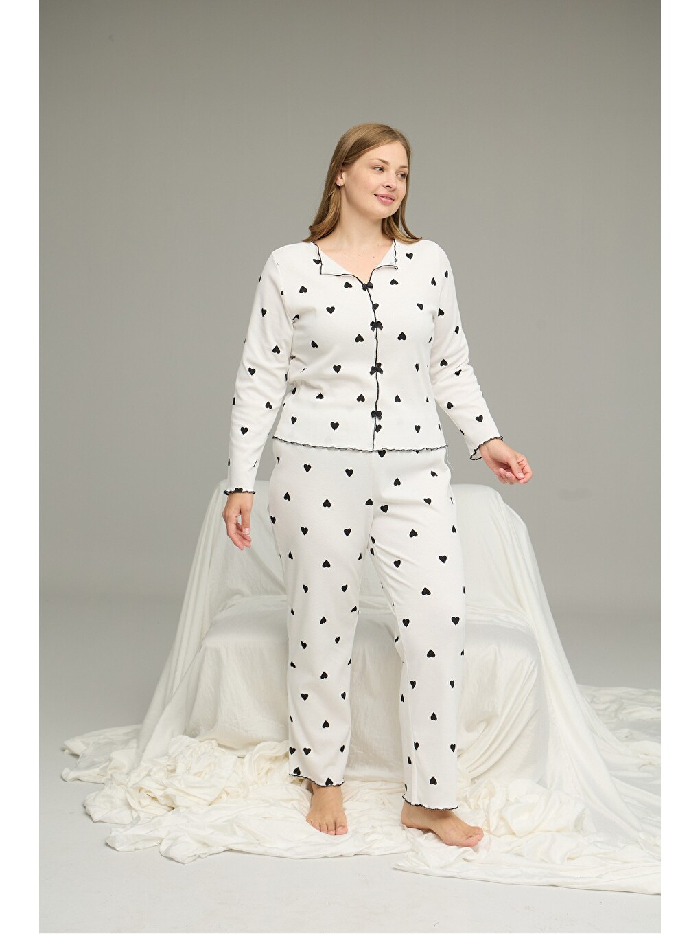 Beyaz Beden Battal Pamuklu Fiyonklu Fitilli Örme Pijama Takım25228001-4-1