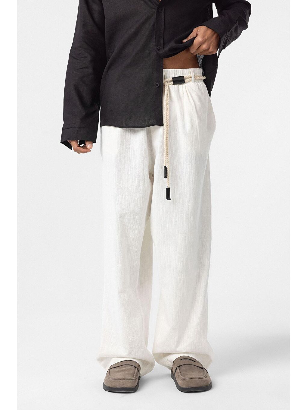 Kemer Detaylı Oversize Keten Erkek Pantolon Ekru-2