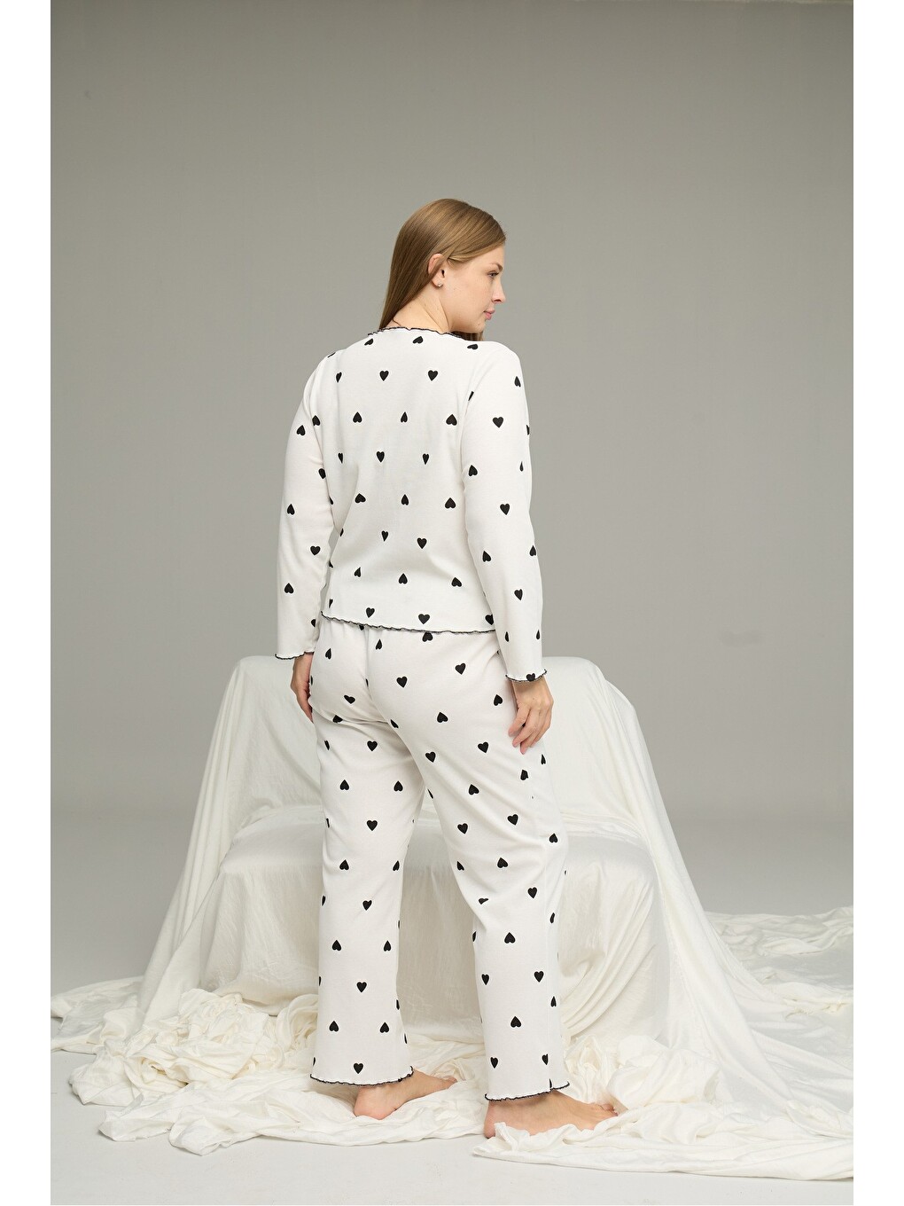 Beyaz Beden Battal Pamuklu Fiyonklu Fitilli Örme Pijama Takım25228001-4-2