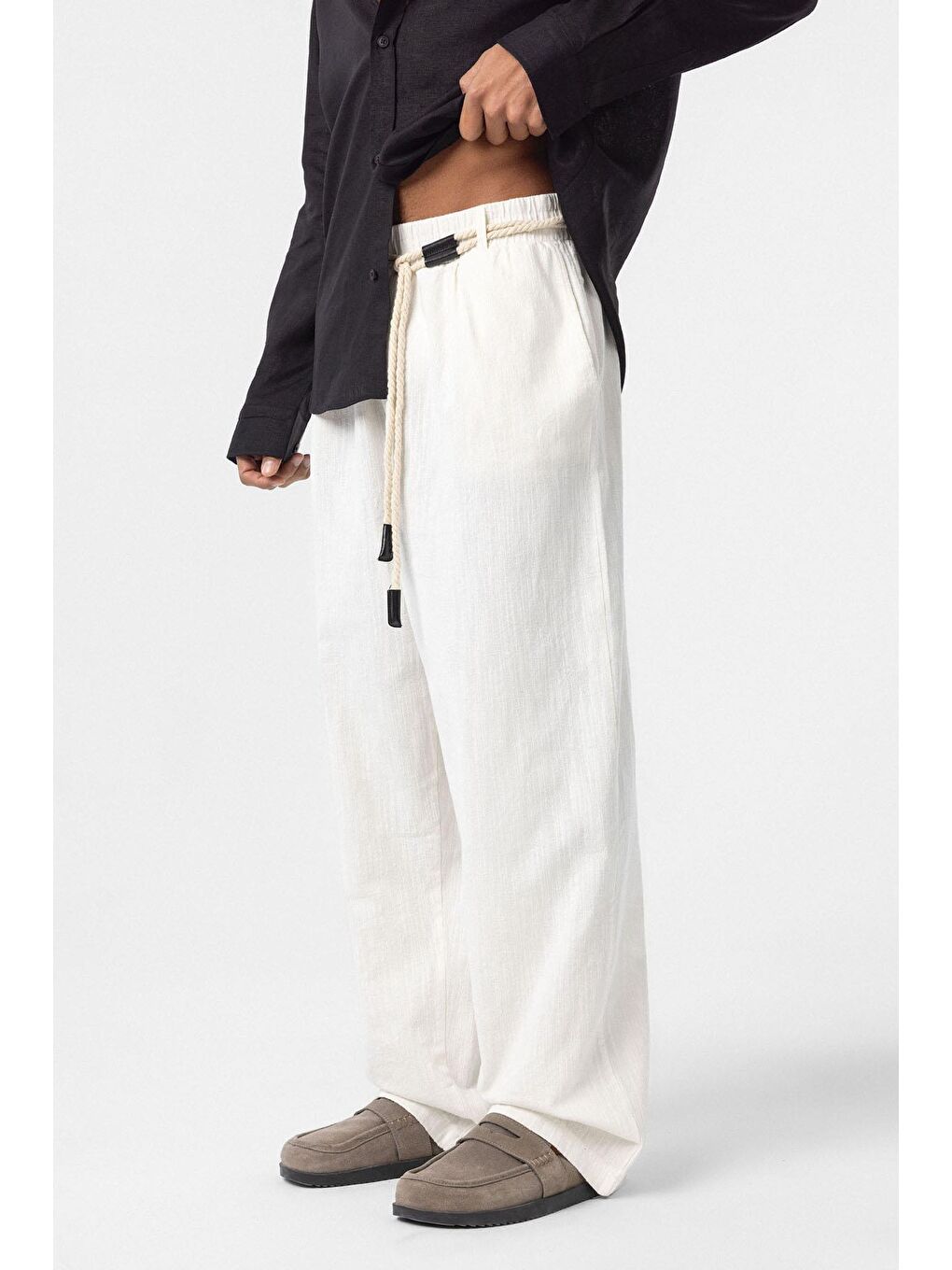 Kemer Detaylı Oversize Keten Erkek Pantolon Ekru-3