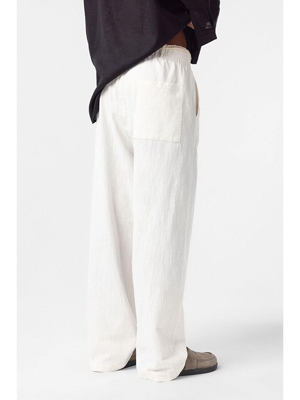 Kemer Detaylı Oversize Keten Erkek Pantolon Ekru-4