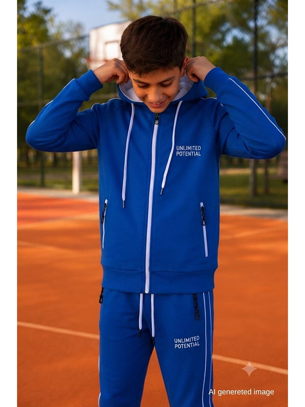 Mavi Erkek Çocuk Scuba Unlimited Çift Şeritli Kapüşonlu Reglan Kol Dalgıç Kumaş Eşofman Takımı Esf7024