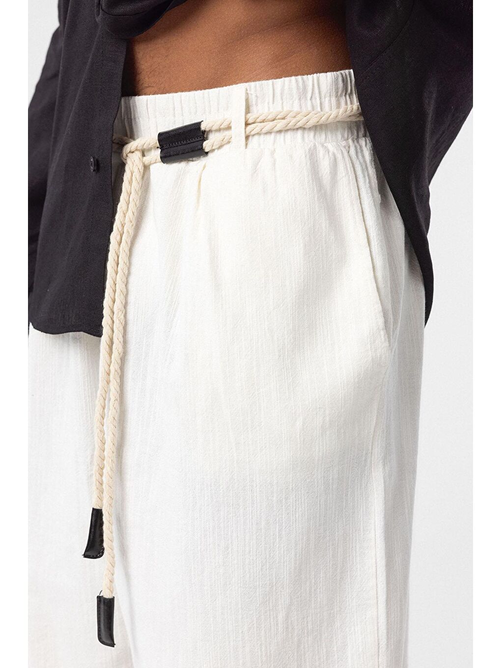 Kemer Detaylı Oversize Keten Erkek Pantolon Ekru-5