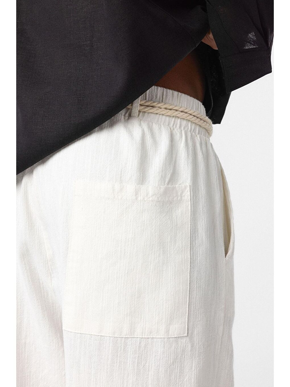 Kemer Detaylı Oversize Keten Erkek Pantolon Ekru-6
