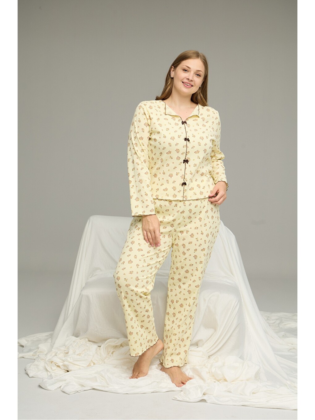 Sarı Beden Battal Pamuklu Fiyonklu Fitilli Örme Pijama Takım25228001-3-1