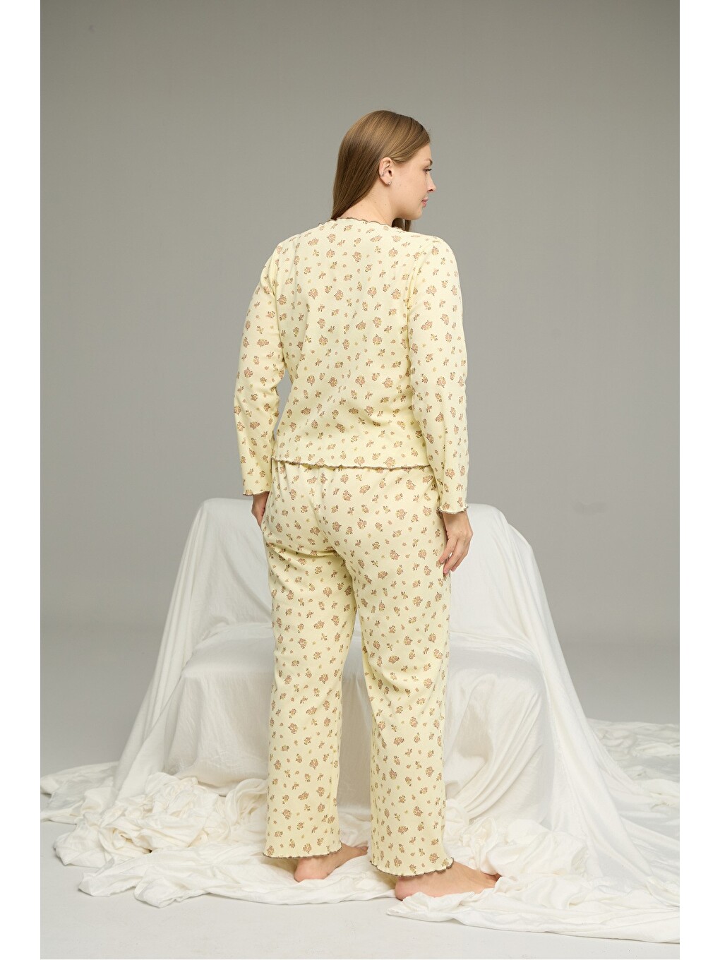 Sarı Beden Battal Pamuklu Fiyonklu Fitilli Örme Pijama Takım25228001-3-2