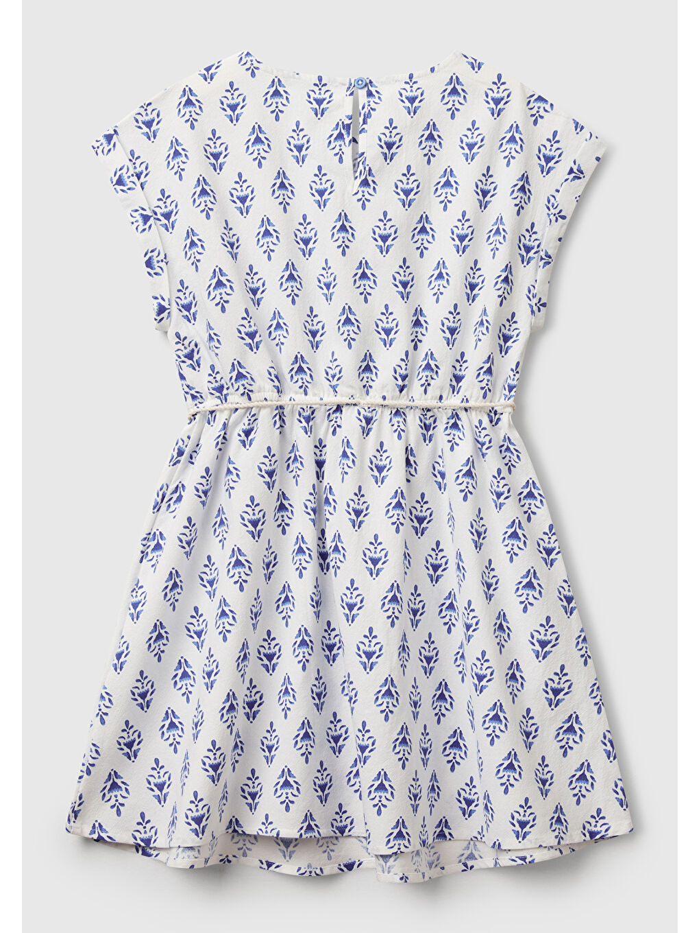 Kız Çocuk Mavi Desenli Beli Lastikli Büzgü İpli Kısa Kollu Elbise-1