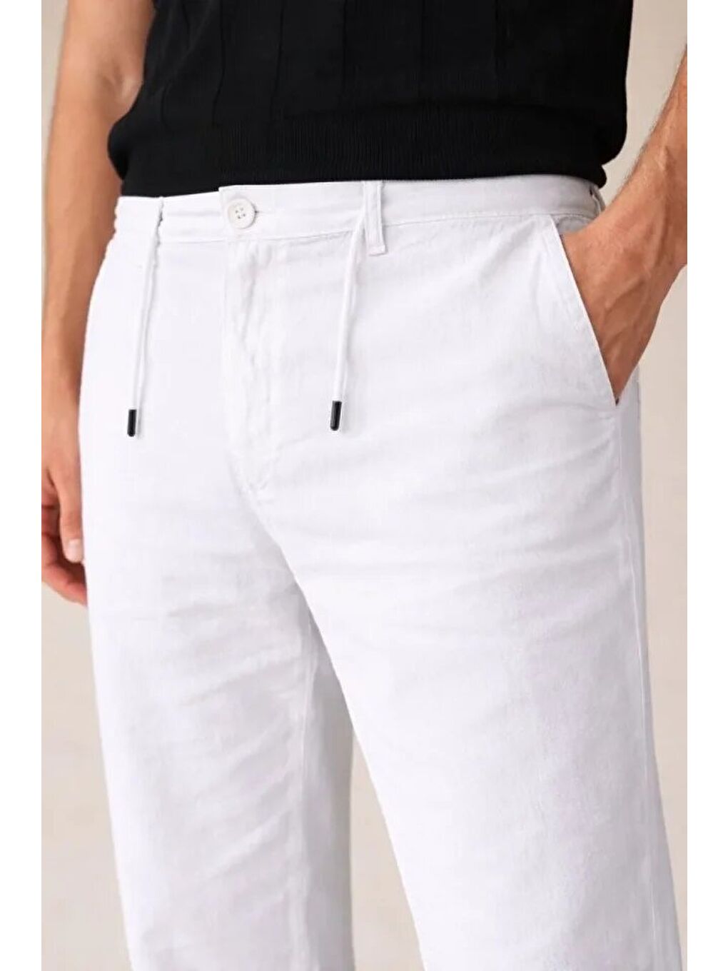 Erkek Keten Cepli Pantolon Lastikli Bel Bağcıklı Önden Fermuarlı - Beyaz-1