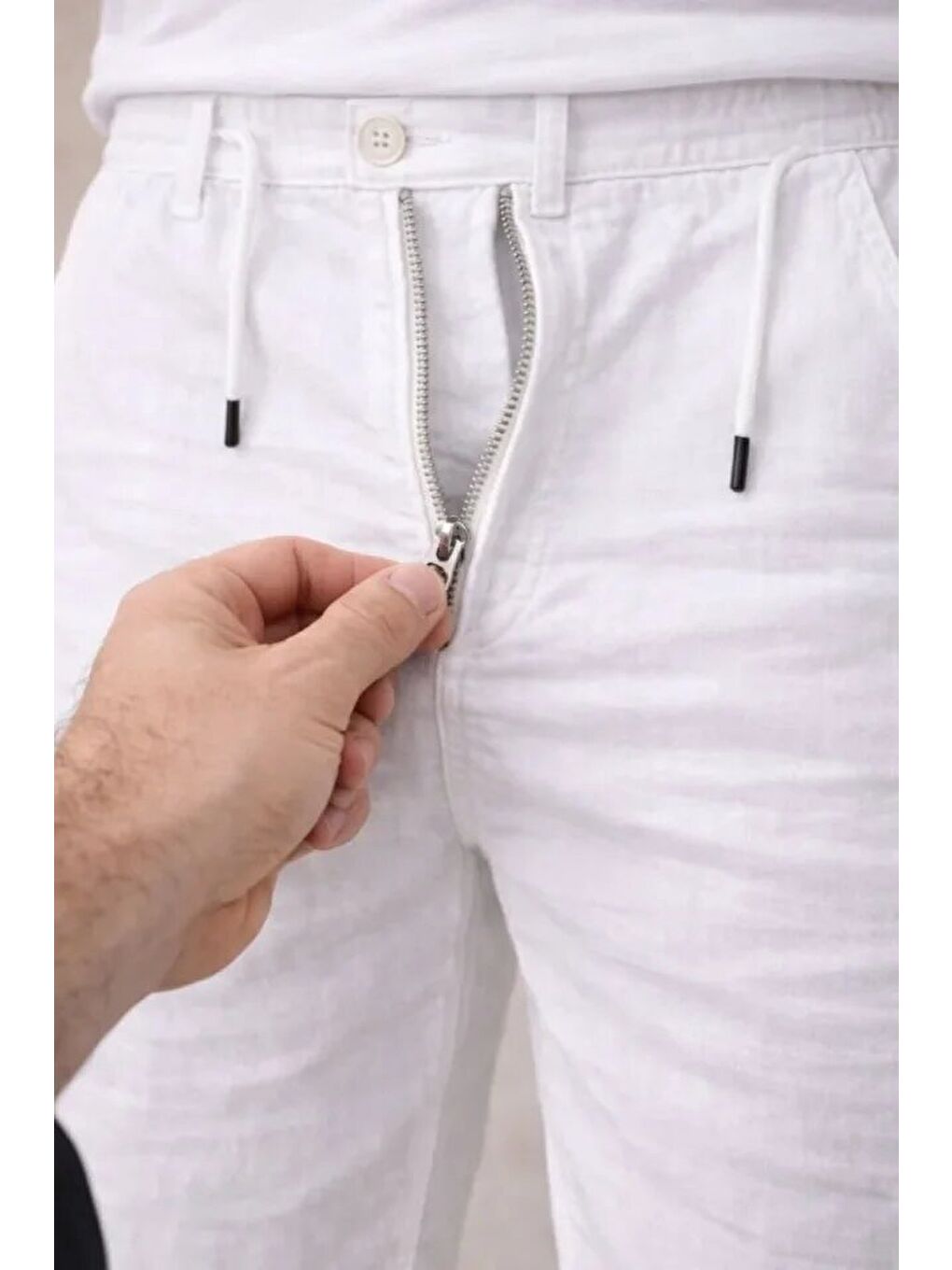 Erkek Keten Cepli Pantolon Lastikli Bel Bağcıklı Önden Fermuarlı - Beyaz-2