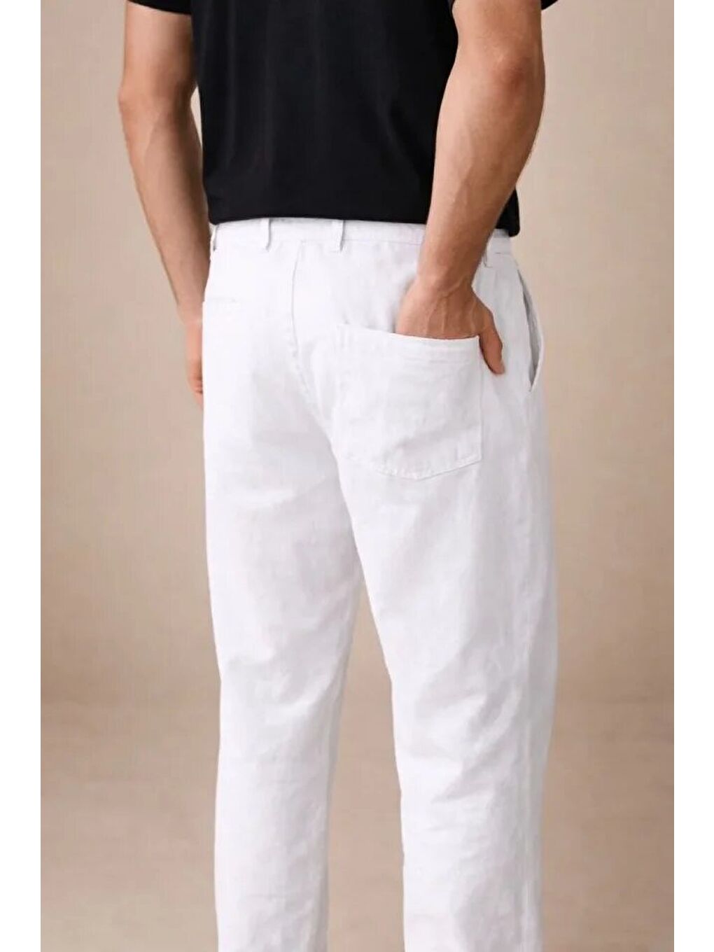 Erkek Keten Cepli Pantolon Lastikli Bel Bağcıklı Önden Fermuarlı - Beyaz-3