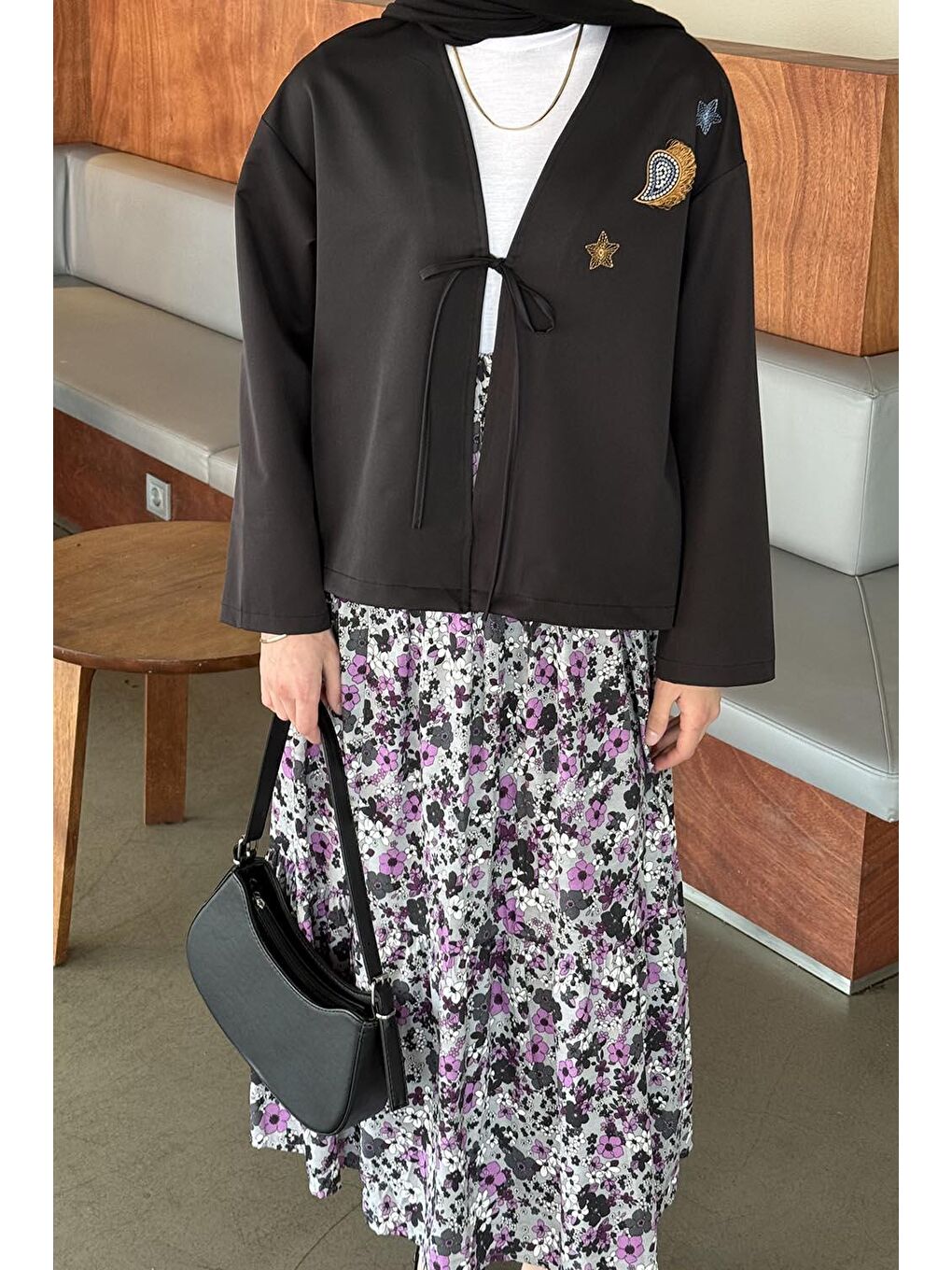 Çiçek Detaylı Nakış İşlemeli İkili Takım Mor-1