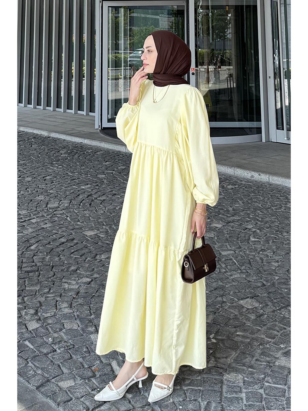 Balon Kol Katlı Yazlık Elbise Sarı-1