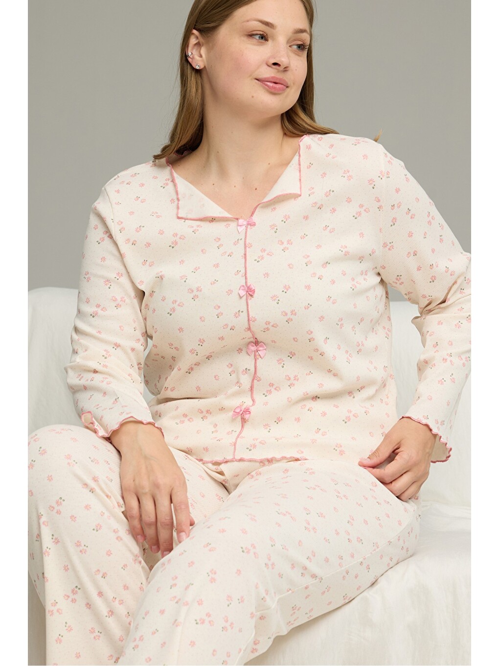 Ekru Beden Battal Pamuklu Fiyonklu Fitilli Örme Pijama Takım25228001-7