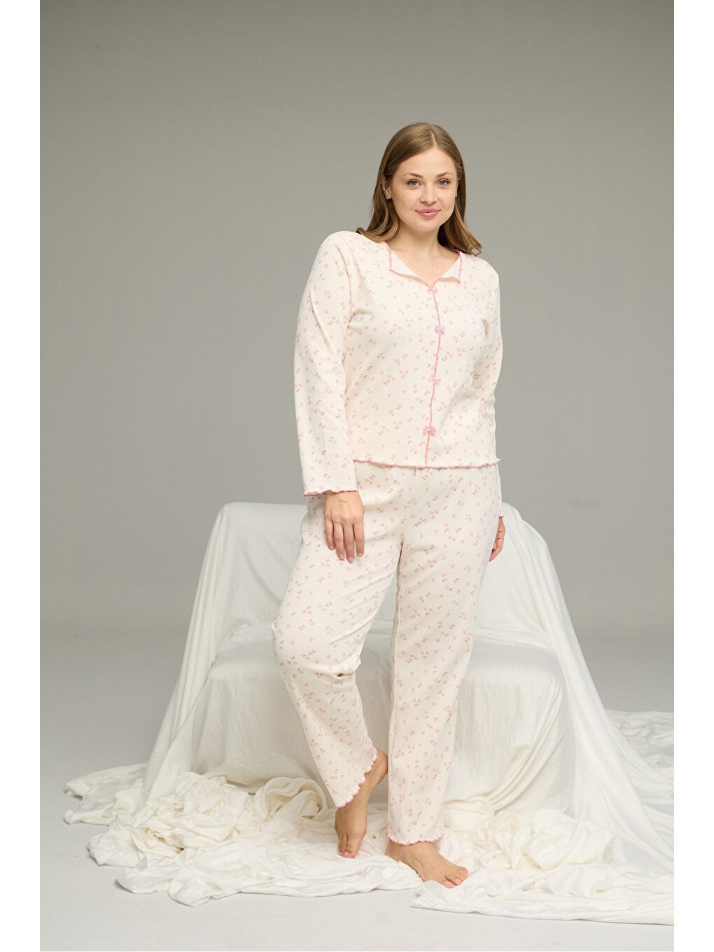 Ekru Beden Battal Pamuklu Fiyonklu Fitilli Örme Pijama Takım25228001-7-1