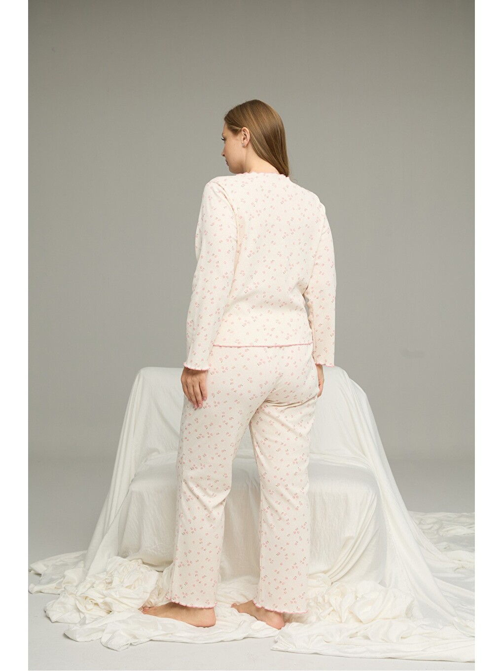 Ekru Beden Battal Pamuklu Fiyonklu Fitilli Örme Pijama Takım25228001-7-2
