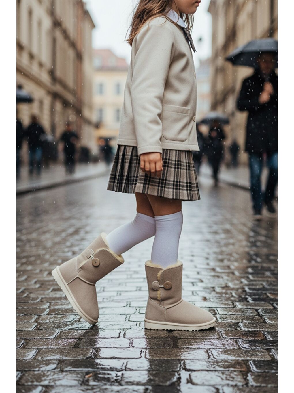 Bej KİDDY Düğmeli Kürklü Çocuk Kışlık Bot-5